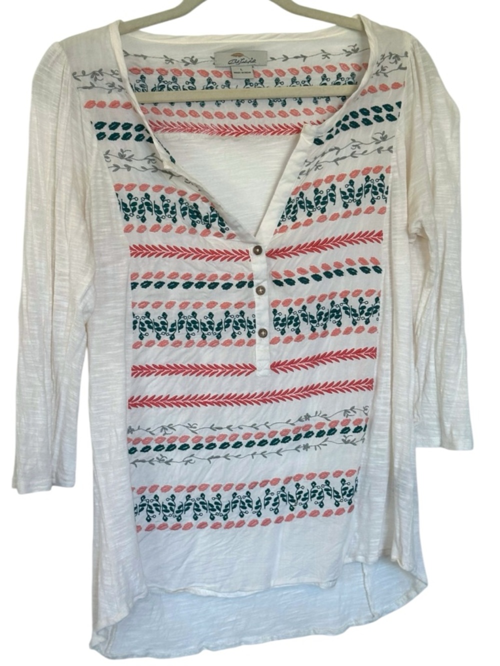 Bob Timberlake White Embroidered Henley Top Boho Cottagecore Floral Size L